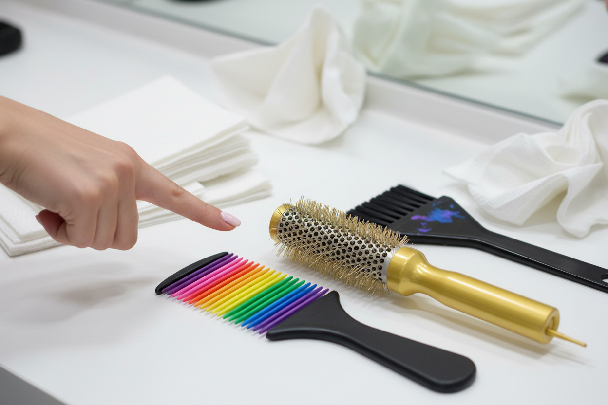 scodella con pettine e pennello per parrucchieri