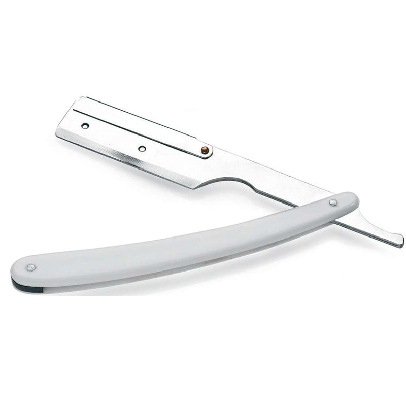 rasoio da barba in acciaio inox con manico bianco